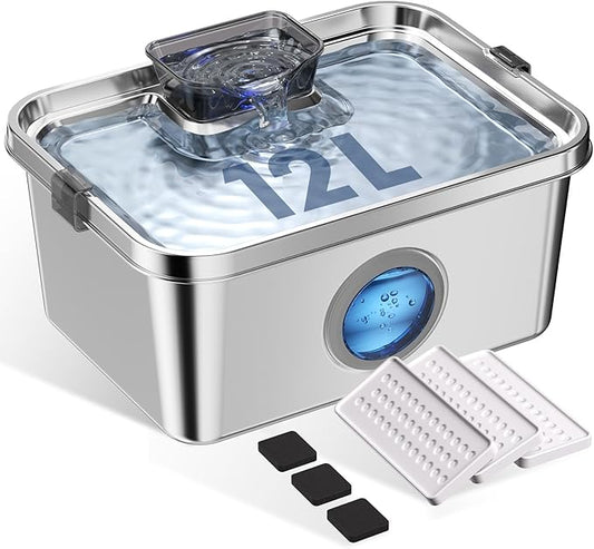 3.2Gal/12L Dog Water Fountain Stainless Steel, Dog Fountain Water Bowl with Dual-Latch, Pet Fountain for Dogs Cats and Multi-Pet, Automatic Dog Water Bowl Dispenser With Water Window, Ultra Quiet Pump