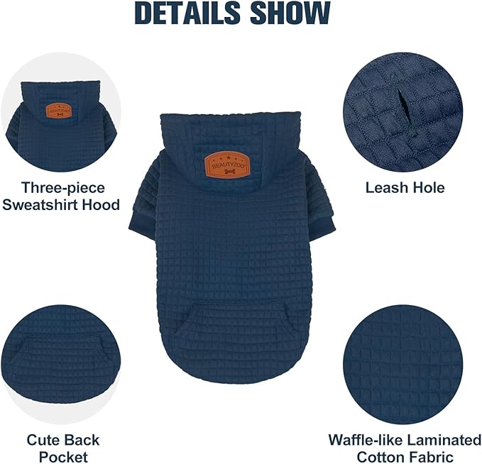 BEAUTYZOO Small Dog Hoodie Sweater with Pockets, Dog Clothes for Small Medium Dogs Boy Girl, Waffle-Like Laminated Cotton Pet Coats with Hat and Leash Hole, Navy Blue XS