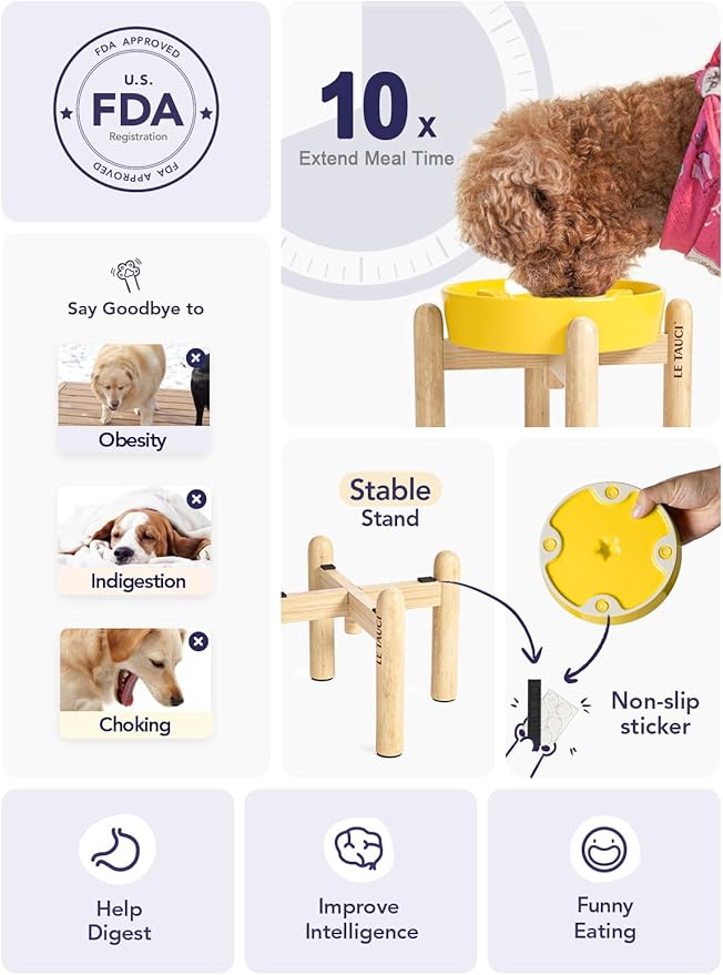 LE TAUCI Ceramic Slow Feeder Dog Bowls Elevated, 0.6 Cups Raised Dog Bowl with Wooden Stand for Small Breed, Pet Dishes to Slow Down Eating, Puzzle Cat Food Bowl, Star Yellow