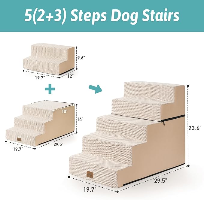 Dog Stairs for Small Dogs, 5 Tier Removable Wider Pet Stairs for Couch and Bed, 23.6" H Non-Slip Dog Steps for Puppies and Old Cats with Support Board, 19.7x29.5x23.6 inch, Beige