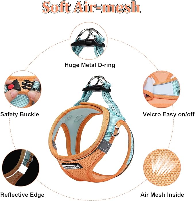 Mercano Soft Mesh Dog Harness and Leash Set, No-Chock Step-in Reflective Breathable Lightweight Easy Walk Vest Harnesses with Safety Buckle for Small Dogs, Cats (XS, Orange Blue)