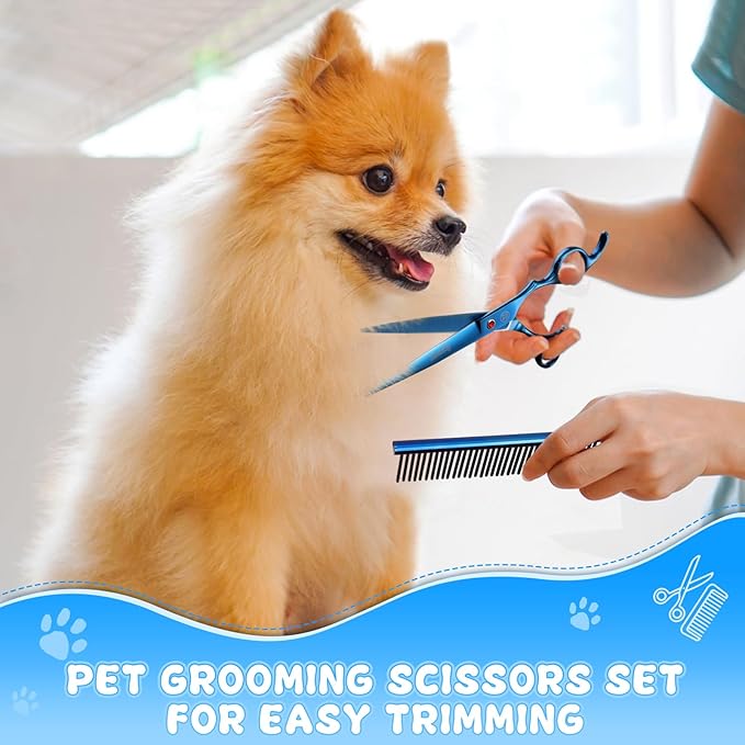 Professional Dog Grooming Scissors Set, 7 Inch/8 Inch Pet Grooming Scissors Chunkers Shears for Dog, Curved Dog Grooming Scissors, Thinning Shears for Dog with Grooming Comb