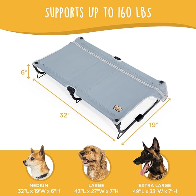 Daisy Cot, Medium Foldable Elevated Dog Bed, Portable Raised Outdoor Folding Dog Cot, Cooling, Chew Proof, Waterproof, Heavy Duty Up to 160 lbs for Camping/Home, Grey, 32"x 19"x6"