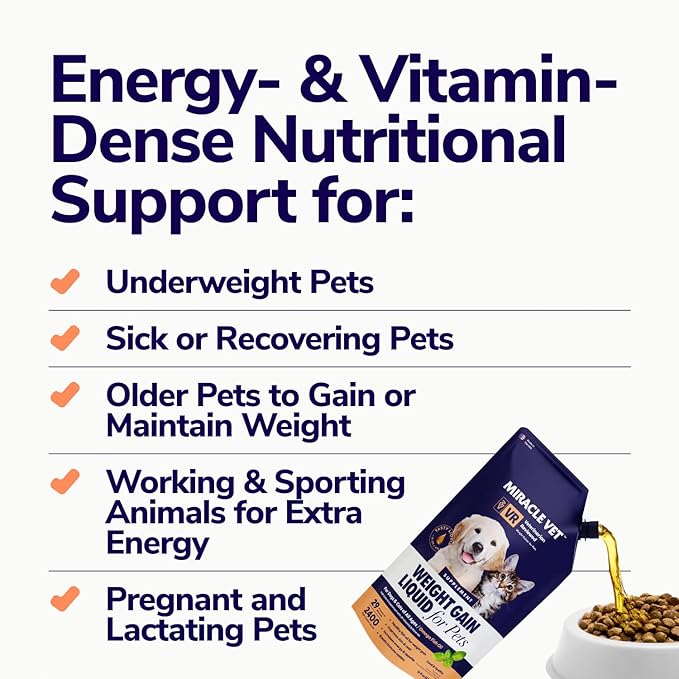 MIRACLE VET High-Calorie Weight Gainer for Dogs & Cats - Multivitamin Nutritional Supplement Gel, Omega Fish Oil, Calcium - Puppy, Senior, Prenatal Cat & Dog Vitamins, Supplements for Weight Gain