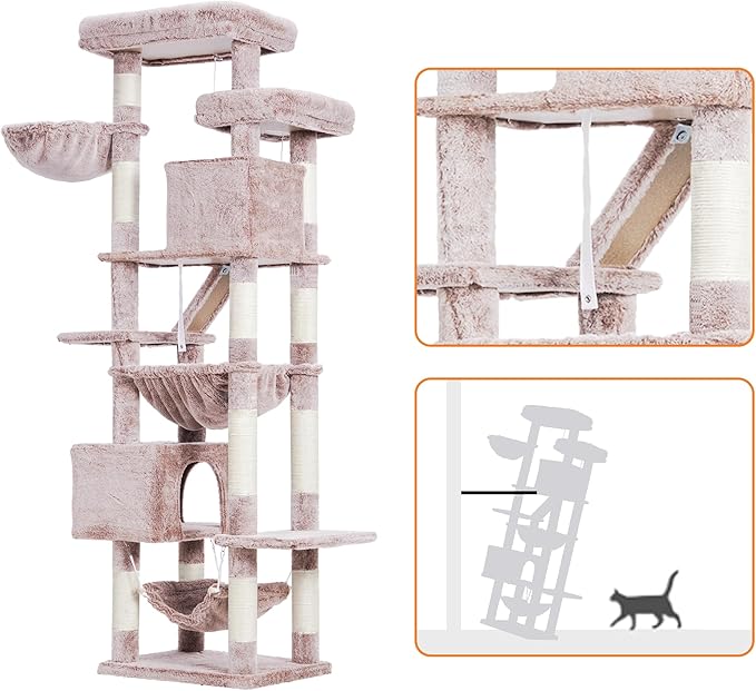 Heybly Cat Tree, 71-Inch-Tall Tower for Indoor Cats with 2 Perches, 2 Big Condos, 2 Hammocks, Basket, Scratching Pad, Large Cat Furniture and Condo, Mushroom HCT034MU