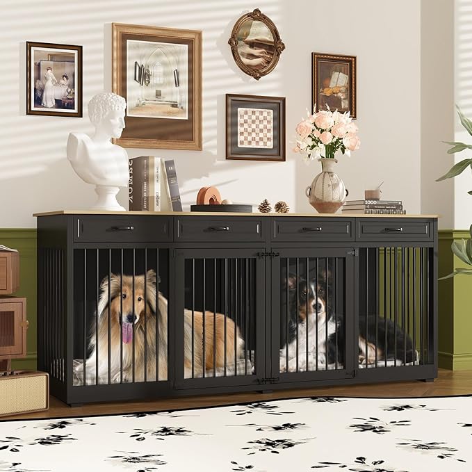 Extra Large Dog Crate, 86.6" Heavy Duty Wooden Dog Cage Furniture Dog Crate Kennel with Drawers & Removable Divider,Indoor Luxury Dog House with Double Rooms for XL L Breed Dogs, Black