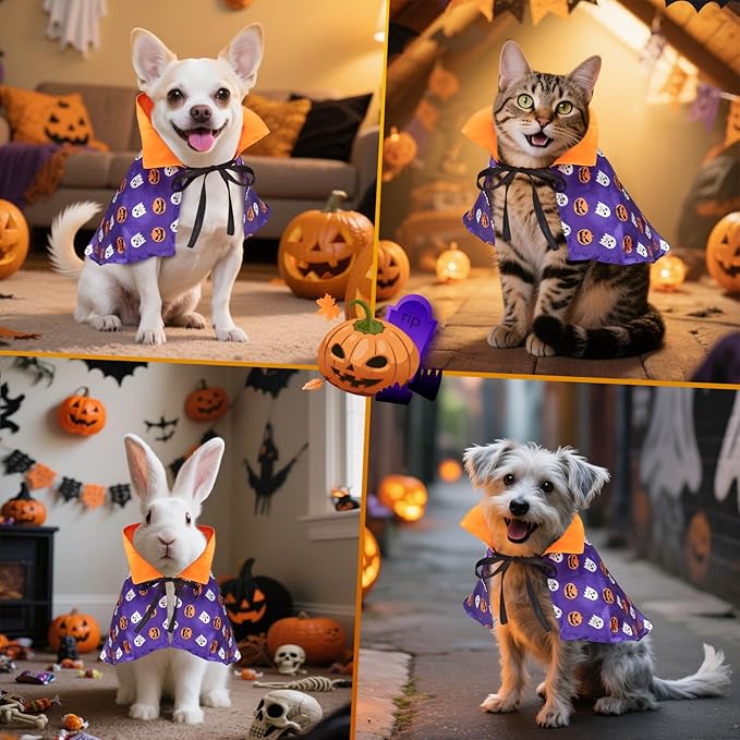 LESYPET Cat Halloween Costume Cats Pumpkin Cloak, Wizard Bandana for Puppy Cat Cosplay for Halloween, Christmas, Party