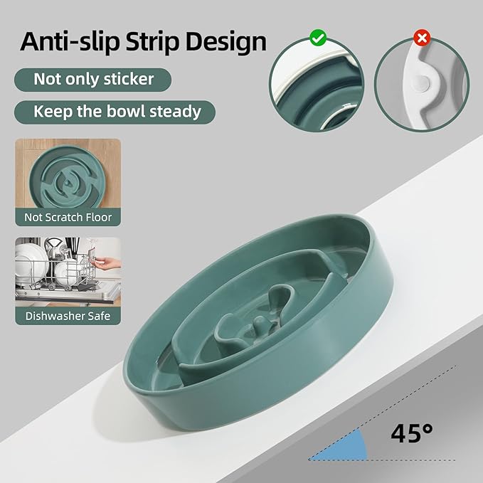 6.1inch Ceramic Dog Bowl Slow Feeder, Slow Dish for Small Dog, Wet and Dry Food Dish, Stop Bloat, Preventing Choking(Single Bowl-Dark Green)