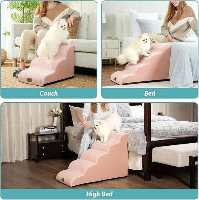 Dog Stairs for Small Dogs 15.7" H, Curved Dog Step for Puppy, Older Cat, Medium Pet Ramp for Sofa, Couch or Chair, Ladder with High Density Foam, 3 Step, 15.7x22.4x15.7 inch, Pink
