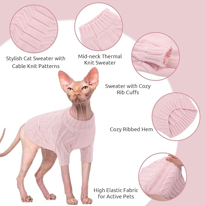 ASENKU Cat Sweater Soft Warm Puppy Clothes Knitwear for Kittens & Small Dogs, Thick Knitted Sweater for Sphynx Hairless Cats Teacup Chihuahua and Extra Small Dogs (Pink, M)