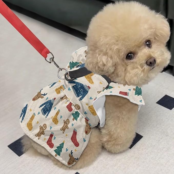 Reindeer Christmas Dog Dresses for Small Dogs Girl Fancy Small Pet Dress Puppy Dresses for Girl Dogs with Leash Ring for Travels Cozy L Size
