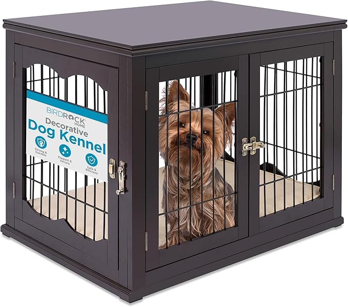 Internet's Best Decorative Dog Kennel with Pet Bed | Double Door | Wooden Wire Dog House | Large Indoor Pet Crate Side Table | Espresso