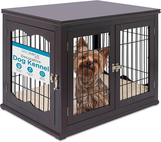 Internet's Best Decorative Dog Kennel with Pet Bed | Double Door | Wooden Wire Dog House | Large Indoor Pet Crate Side Table | Espresso