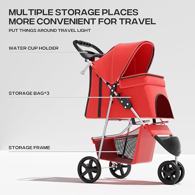 Cat Dog Stroller - 3-Wheels for Medium/Puppy Dogs 30 Lbs, Cats - Foldable with Storage Basket and Cup Holder, Breathable Mesh Red