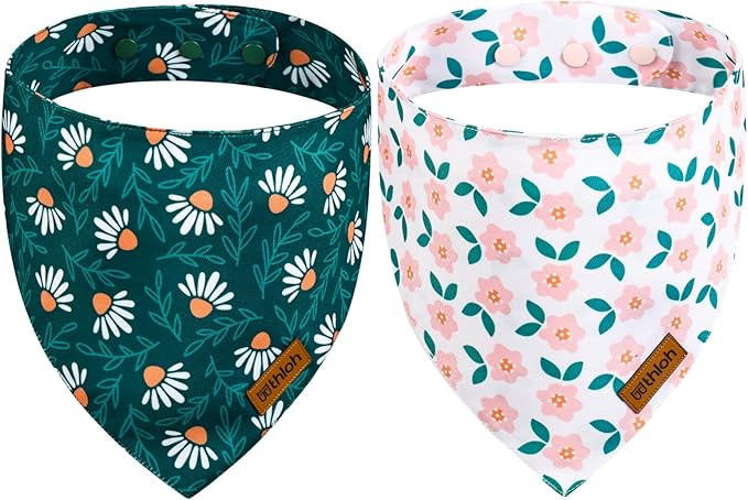 Spring Dog Bandanas with Snap Button, 2 Pack Floral Dog Scarf for Boy & Girl, Durable Fabric, Adjustable Fit, Unique Shape, Gift for Dogs, Daisy Bandana for Medium and Large Dogs (Large)