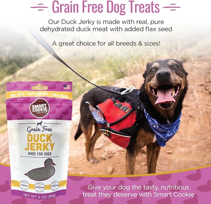 Smart Cookie Duck Jerky Dog Treats with Flax Seed, Omega Oils- Hypoallergenic Strips for Dogs and Puppies with Allergies, Sensitive Stomachs - Dehydrated, Grain Free, Made in USA - 3oz Bag, Pack of 3