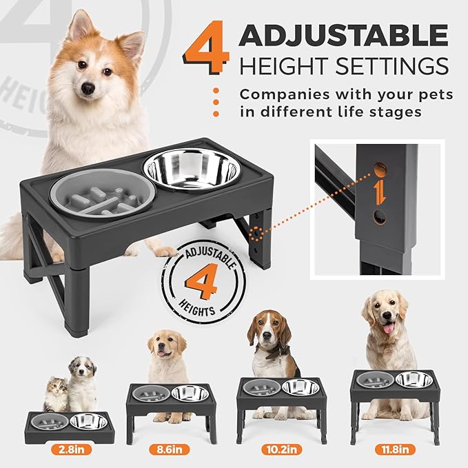 Elevated Dog Bowls with Slow Feeder, 4 Adjustable Heights Raised Dog Bowl Stand with Two 1.3L Stainless Steel Food & Water Bowls, Adjusts to 2.8”, 8.6”, 10.2”, 11.8” for Large Medium, Small Dog & Cats