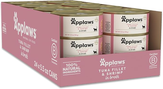 Applaws Natural Wet Cat Food in Broth, Limited and Natural Ingredients, High Protein with No Artificial Additives, Tuna Fillet & Shrimp in Broth (6 x 5.5oz Cans)