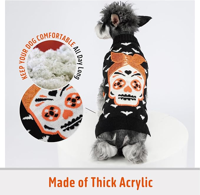FOFOS Halloween Dog Sweater Skeleton, Acrylic Knit Dog Pullover Lightweight Dogs Halloween Clothes for Small Medium Puppies, Black, XL
