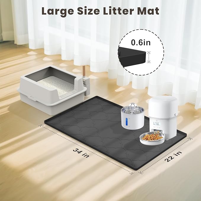 Cat Mat for Litter Box, 34" X 22" Large Silicone Cat Litter Trapping Mat, Easy Clean for Scatter Control, Soft on Kitty Paws, Waterproof, Urine-Proof, Non-Slip Kitty Litter Mat for Floor, Black