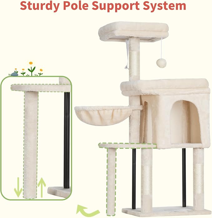 Hey-brother Cat Tree Tower, Scratching Posts with Cozy Condo, Padded Bed, Hammock, Plush Perch, Sisal Post and Ball for Indoor Kittens, 44.9 Inches, Beige MPJ009SM