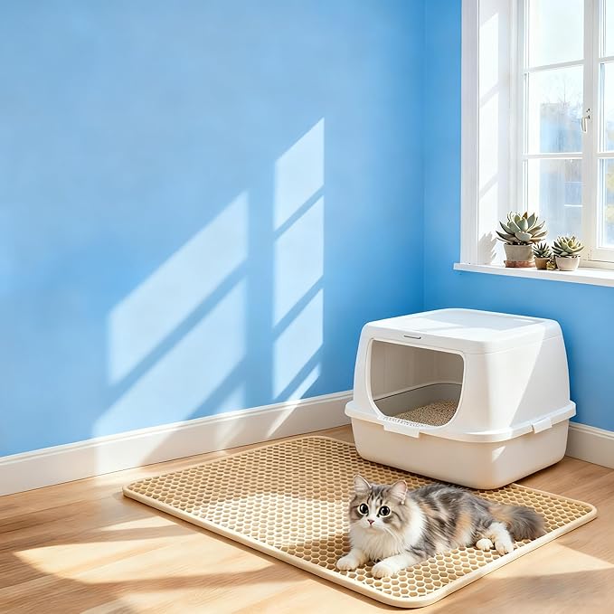 Cat Litter Mat Cat Litter Trapping Mat, 35 x 24 inch Honeycomb Double Layer Design, Urine and Water Proof Material, Scatter Control, Less Waste, Easier to Clean, Washable yellow