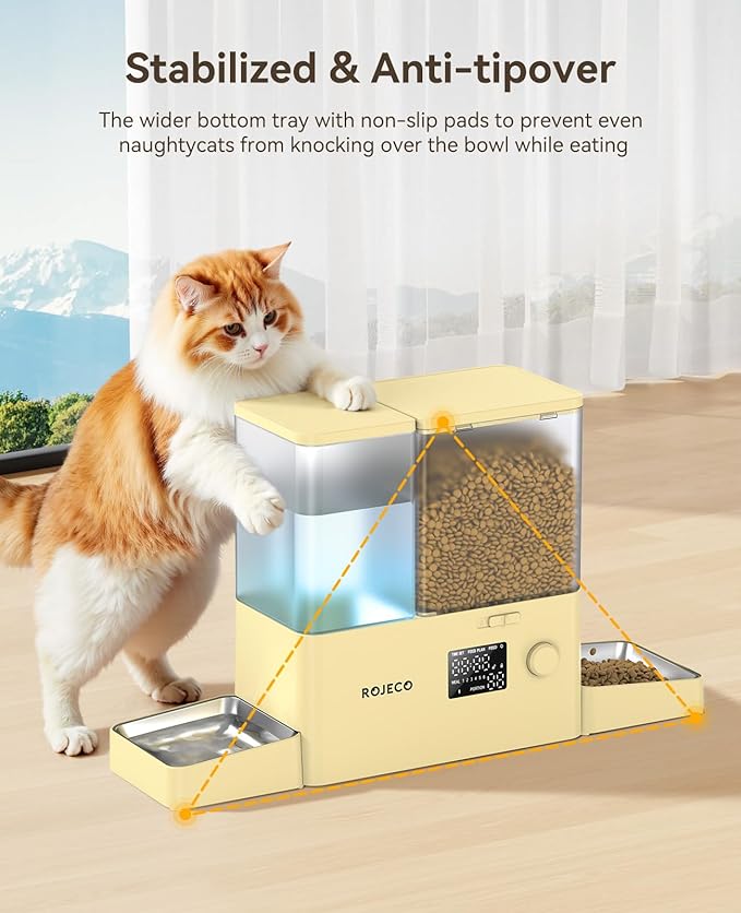 Rojeco 36Cups/8.5L Pet Automatic Cat Feeder and Gravity Water Dispenser,Stainless Steel Bowls 2-in-1 Set Large Capacity 5L Food Feeder and 3.5L Water Fountain for Cats,Pets,Small Dogs,Yellow