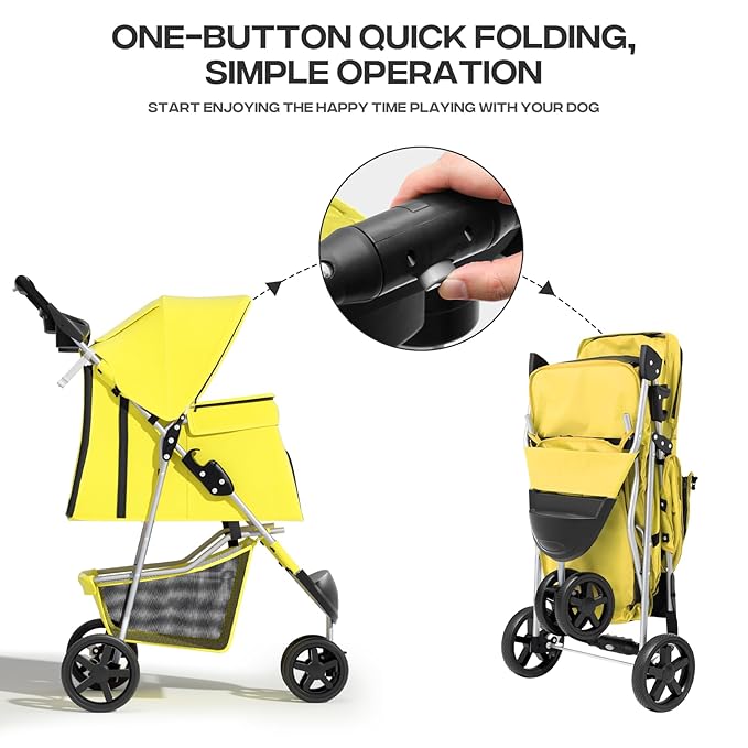 Cat & Dog Stroller, 3-Wheels Foldable Pet Stroller for Medium/Puppy Dogs & Cats, 30 Lbs, Yellow Mesh with Storage Basket & Cup Holder