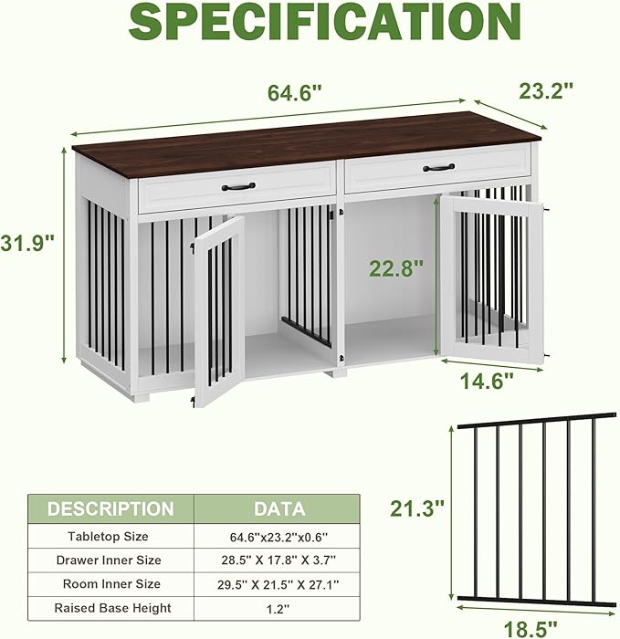 64.6" Furniture Dog Crate, Heavy Duty Wooden Dog Cage Furniture, Indoor Dog Kennel with Drawers & Removable Divider, Luxury Dog House with Double Rooms for Small Medium Breed Dogs, White