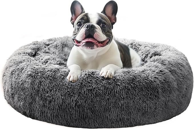JOLLYVOGUE Medium Calming Dog Bed, Anti-Anxiety Donut Cuddler Cat Bed with Anti-Slip Bottom, Fluffy Faux Fur Machine Washable Pet Cushion for Medium Large Dog & Cat, 31"/Smoke Black