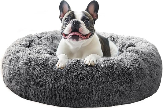JOLLYVOGUE Medium Calming Dog Bed, Anti-Anxiety Donut Cuddler Cat Bed with Anti-Slip Bottom, Fluffy Faux Fur Machine Washable Pet Cushion for Medium Dog & Cat, 27"/Smoke Black