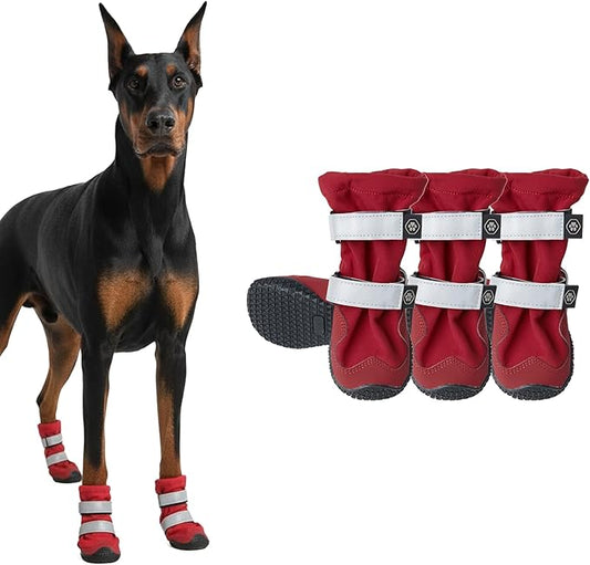 Spark Paws Dog Shoes, Waterproof Dog Boots for Medium to Large Dogs, Non Slip, Breathable Dog Booties and Paw Protectors - 4PCS Doggie Hiking Boots with Reflective Straps, Red, Size 7