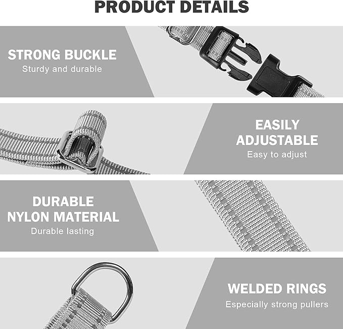 Hikiko Reflective Martingale Dog Collars with Buckle Nylon Adjustable No Slip Training Pet Collar (Medium, Sliver Grey)