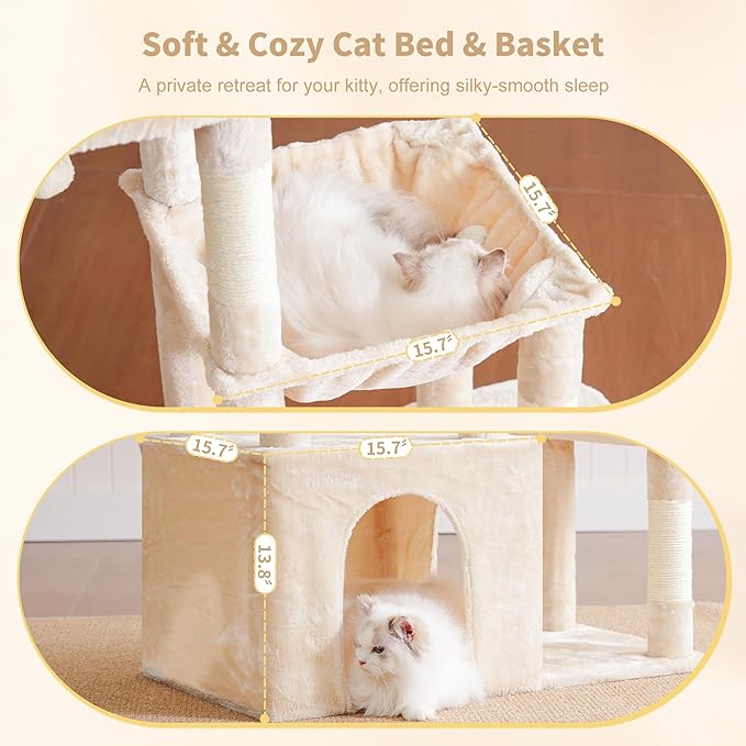 Heybly Heavy Duty Cat Tree, Tower for Indoor Cats Large Adult, Tall Cat Condo House with Extra-Large Baseboard, Multi-Level Plush Furniture with Scratching Posts, Hammock,Toy Balls, Beige HCT026M
