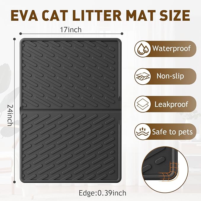Cat Litter Mat with Grooves & Raised Edge, Urineproof/Waterproof, Litter Scattering Control, Easy to Clean & Recycle (24 * 17in-Black-1 Pack)