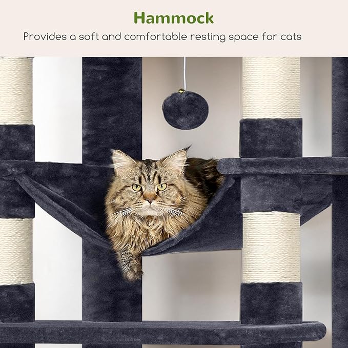 Globlazer XXL Giant Cat Tree, 83 Inch Heavy Duty Tall Cat Tower for Indoor Cats Large Adult, Multi-Level Large Cat Condo with 8 Scratching Posts, Hammock, 2 Cat Caves, 2 Platform, F83B, Dark Grey