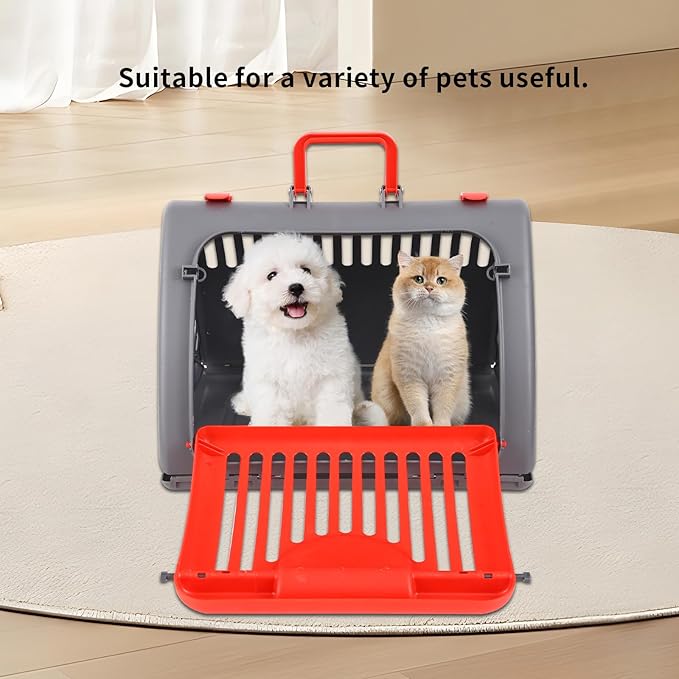 Foldable Travel Cat Carrier, Small Cat Carrier Hard Up to 25lbs, 18" Lx14.5 Wx14 H Front Open Type Plastic Cat Carriers, Red