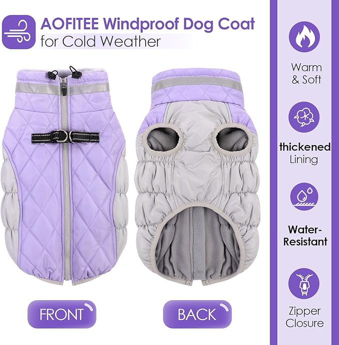 AOFITEE Dog Coat, Warm Dog Winter Coat for Small Dogs, Reflective Turtleneck Dogs Jacket with Harness Built in, Waterproof Windproof Pet Fleece Vest Snow Jacket for Cold Weather, Lilac S