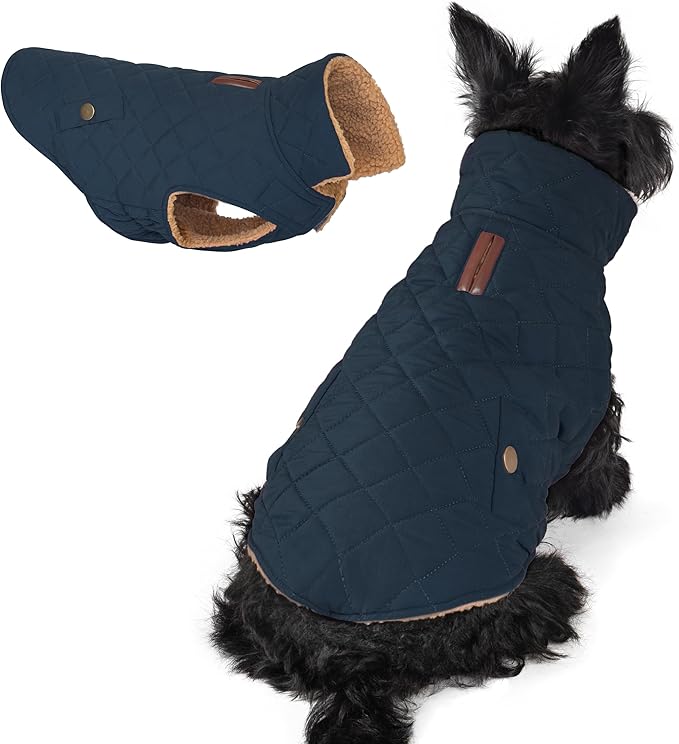 azuza Dog Jacket Waterproof & Windproof Dog Coat for Small Dogs with Thick Fleece, High Collar with Leash Hole, Adjustable Velcro & Elastic Belly, Navy, S