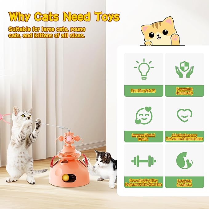 4-in-1 Cat Toys, Interactive Cat Toy with Track Balls, Fluttering Feathers, Slow Food Dispenser, Fun & Engaging Toys for Bored Indoor Cats, Durable & Safe Interactive (Pink)