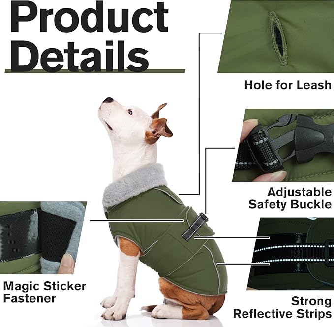 Lelepet Warm Dog Coat Reflective Fleece Vest Waterproof Dog Jacket with Adjustable Buckle Hook & Loop Windproof Cold Weather Coats for Small Medium Large Dogs, Army Green, S