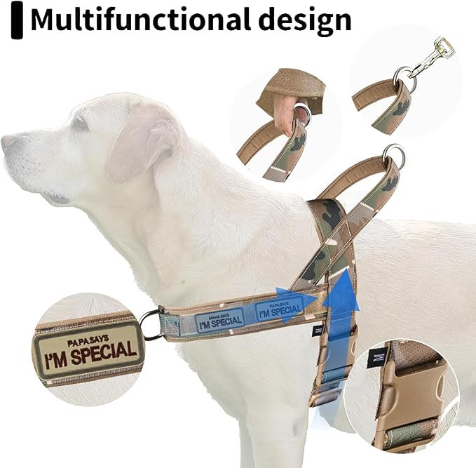No Pull Dog Harness for Small Medium Large Sized Dogs, Escape Proof Adjustable Dog Harnesses with 2 Patch, Green Camo, XL