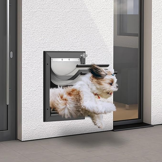 [Petoasis] Heavy Duty Aluminum Dog Door with Lock,3 Flap Insulated Doggie Doors with Installation Manual,Durable and Rust Resistant, Patent: USD1057087S, (Black, XLarge for Wall)