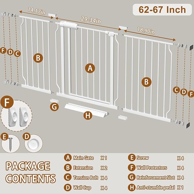 Fairy Baby Extra Wide Baby Gate for Dogs Pressure Monuted Safety Gate for Living Room, Fits 62 Inch to 67 Inch with Pressure Mounted Extention Kit, White