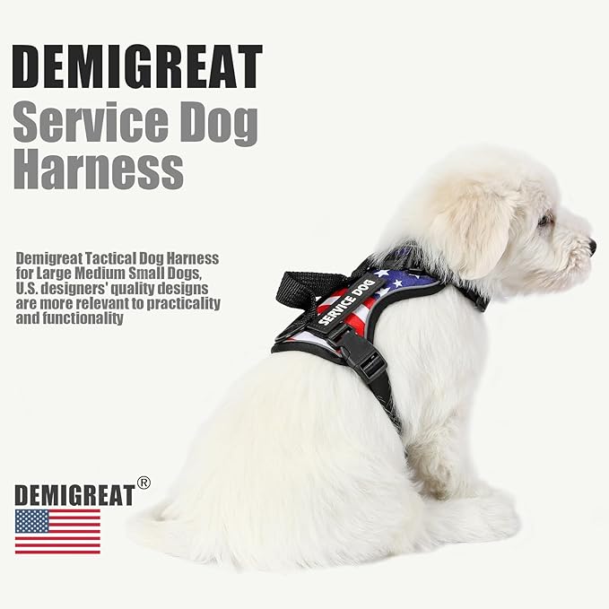 Demigreat Service Dog Harness, Reflective Dog Vest Harness with 5 PCS Patches, Adjustable Soft Oxford Pet Harness, Inner Layer Mesh, Easy to Control for Dogs (USFLAG, X-Small (Pack of 1))