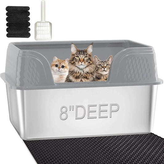 Stainless Steel Litter Box with Lid 23.6" x 15.7" x 14", XXL Litter Box - Extra Large Space with High Sides for Big Cats or Multiple Cats, Side Entry, Leak-Proof, Easy Cleaning, Grey
