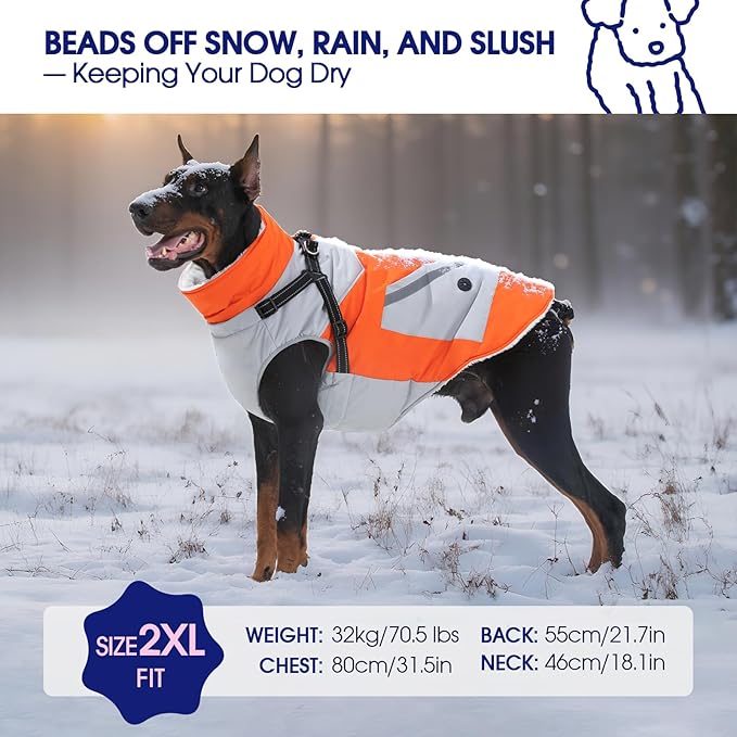 FUAMEY Dog Winter Jackets for Medium Dogs,Dog Coat with Harness Built in,Waterproof Dogs Snowsuits Warm Pet Jacket Zip Up Fleece Cold Weather Coats Reflective Puppy Vest with Pocket Orange M