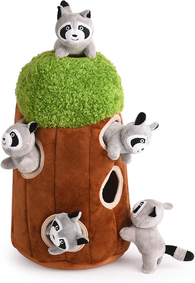 Interactive Squeaky Dog Toys Raccoon Dog Toy, Stuffing Woodland Friends Burrow, Squeaky Plush Dog Toy for Small Medium Large Dogs (Large)