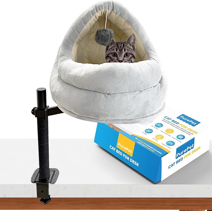Cat Desk Bed with Scratching Post – Elevated Modern Perch for Desk, Window, or Shelf Use – Dual-Purpose Flat Surface or Plush Bed for Napping & Lounging – Space-Saving Indoor Cat Furniture