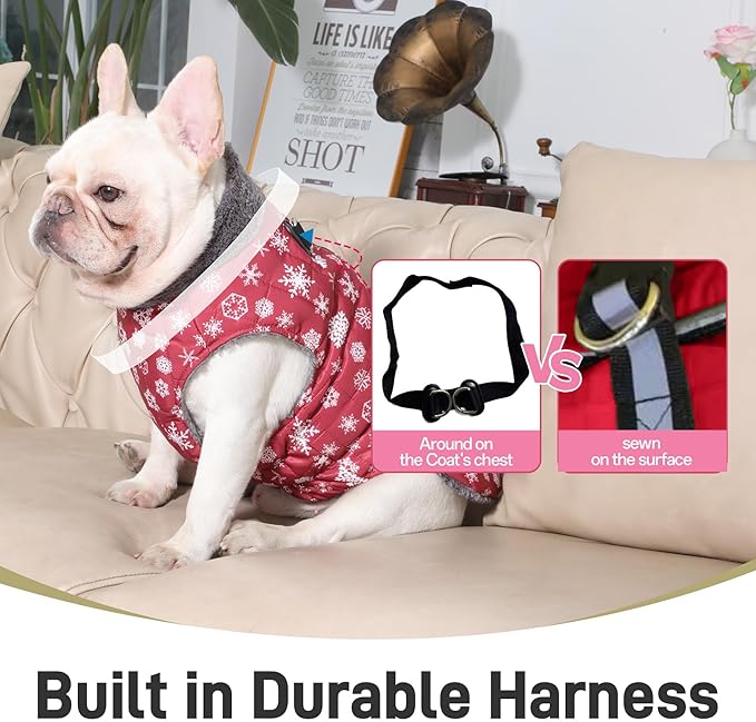 Warm Fleece Dog Coats with Durable Harness Buitl in D-Ring,Waterproof Doggie Jacket for Large Dogs,Dog Vest for Cold Winter,Red,Snow Pattern XXXL